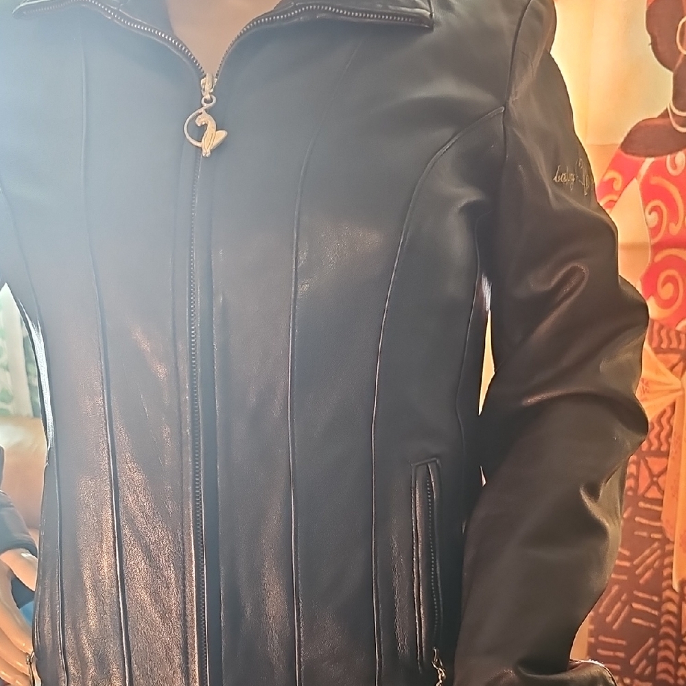 Baby Phat Black Leather Jacket with High Collar and Sleek Design